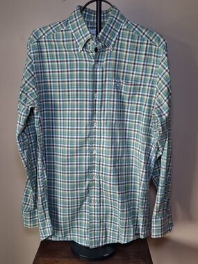 Southern Tide Men's Classic Fit Green, Blue, Brown Plaid Button-Up Shirt; Size S